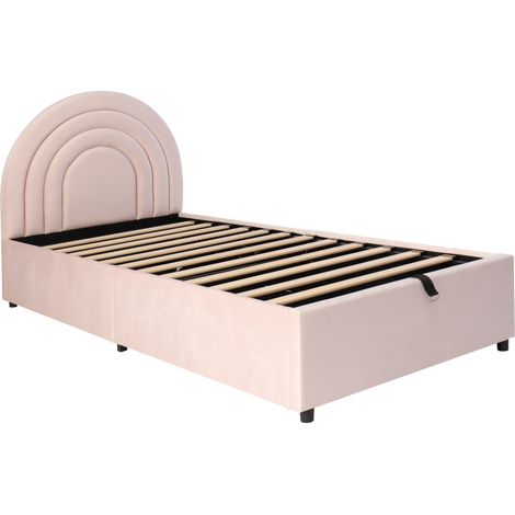 Lit rembourré 90200, lit enfant, lit simple avec sommier à lattes et tête de lit, lit junior, convient aux adultes et aux adolescents, lattes en bois, montage facile, velours, rose (1/5)