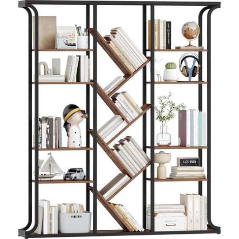 Étagère en Forme d'arbre, Bibliothèque à 6 Niveaux et 3 colonnes, 17 étagères de Rangement grillagées, pour Le Bureau, La Chambre ou Le Salon, Marron Vintage-Noir (1/5)