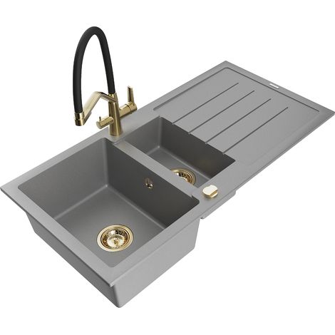 Mexen Andres 1,5-Becken-Granitspüle mit Abtropffläche und Mischbatterie Duo, Grau - 6515-71-671701-5 (1/5)