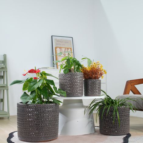 Set de 4 pots de fleurs en céramique Ø37/31/24,5/17,5 cm gris brillant, drainage balcon – MEUBLIV (1/5)