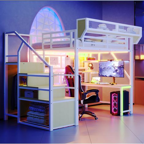 Lit mezzanine en métal blanc 140x200 cm avec bureau, étagères, filet et LED