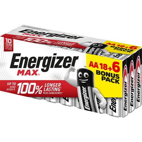 Pilas - Max, Pack de 18+6 Pilas AA 1,5V, Más Potencia y Larga duración para Uso Cotidiano, sin sulfataciones y mantiene carga 10 años