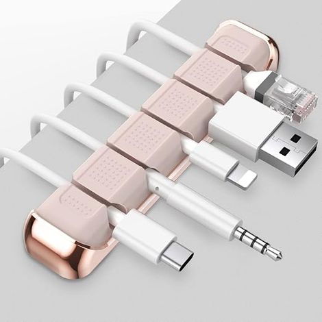 Organizzatore da scrivania con fermacavi, supporto per cavi a 5 scomparti, struttura in metallo, gestione cavi, organizer per cavi per caricabatterie/cavi USB/casa, ufficio e auto (rosa) - AquaForge (1/5)
