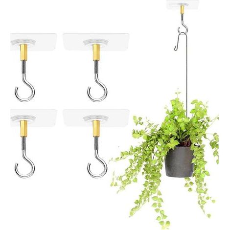 4 Pièces Crochets de Plafond Autocollants Sans Perçage, Transparent pour Plantes Suspendues avec Crochets en Acier Inoxydable, Adhésifs (1/4)