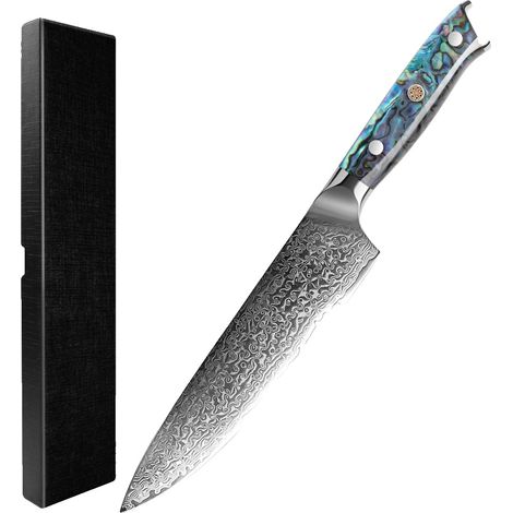 Cuchillo de chef, hoja de acero de Damasco, mango ergonómico de concha de abulón, verde DMS-017, 8 pulgadas (1/2)