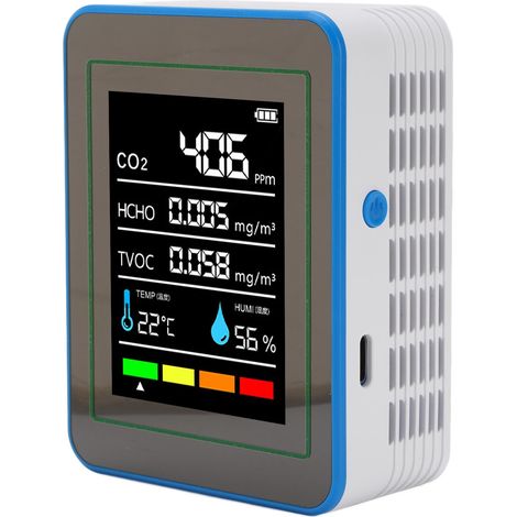 Eosnow Luftqualitätsdetektor 5 in 1 CO2 TVOC HCHO Temperatur-Feuchtigkeitserkennung Tragbares wiederaufladbares Messgerät Weiß und Blau