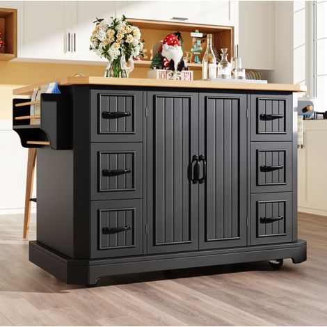 Îlot de cuisine 120/45/91 cm en MDF et métal, avec 2 portes, 6 tiroirs et roulettes (1/5)