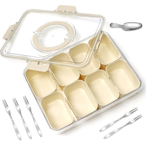 Plateau de service compartimenté avec couvercle et poignée, pour légumes, fruits, en-cas, noix, pique-nique, fête, voyage (avec 5 fourchettes et 1 cuillère) (1/5)