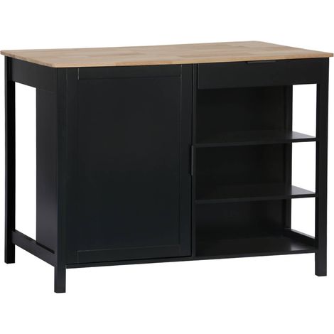Îlot central de cuisine MOLENE. plateau en bois d'hévéa. 120x75cm. noir. 5 étagères. 1 porte. 1 tiroir. L 120 x P 75 x H 90cm