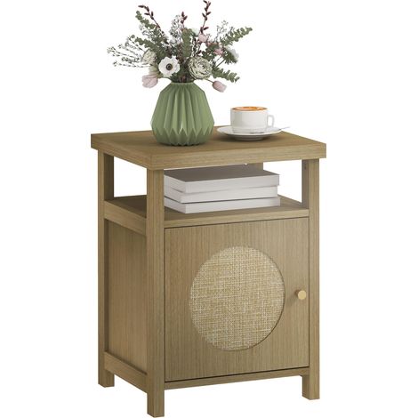 Table de chevet avec porte en rotin, table de nuit avec étagère ouverte et compartiment, 40 x 35 x 55 cm, bois naturel