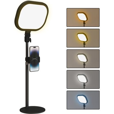 Lampada per selfie, ideale per videoconferenze, lampada da scrivania dimmerabile con supporto per telefono, 5 modalità di colore e 10 livelli di luminosità, funzione memoria, nera - Crezuo
