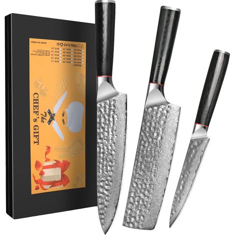 Juego de cuchillos de cocina, acero de Damasco, mango ergonómico, 3 piezas (1/2)