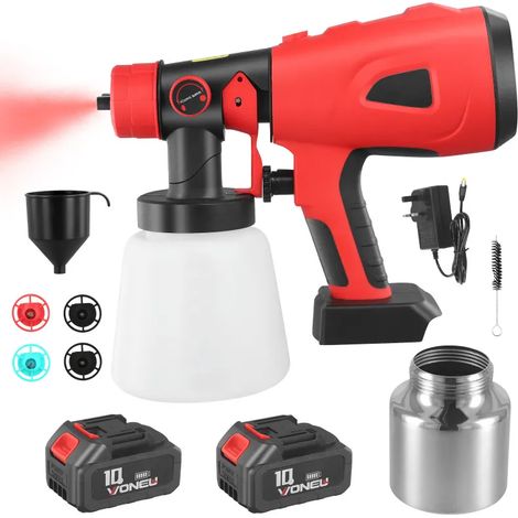 Pistolet à peinture sans fil : 2 réservoirs 800 ml, 2 batteries 3000 mAh, chargeur, 5 buses et 2 filtres papier. Adapté aux murs, meubles et clôtures.