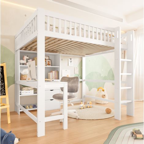 Lit 140x200 avec bureau et rangements en pin blanc HAVRYA (1/5)
