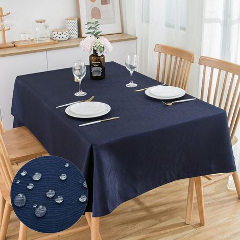 Nappe rectangulaire en jacquard 300x150 cm bleu marine, déperlante, facile d'entretien