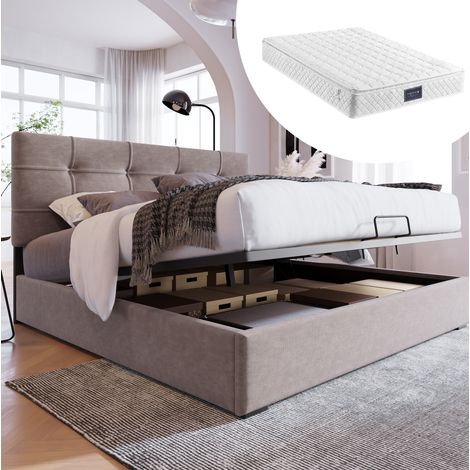 Lit double 140/200 cm gris clair en velours avec tête de lit réglable et coffre de rangement (1/4)