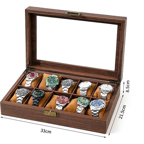 Boîte à montres vintage en bois, pouvant contenir 10 montres, intérieur en velours, verrouillable (1/3)