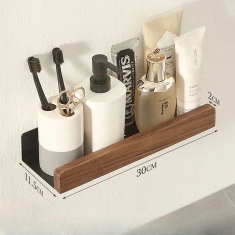 Étagère de salle de bain en bois de hêtre (30 cm), supports de rangement muraux sans perçage, étagères de rangement pour salon, étagères murales (1/5)