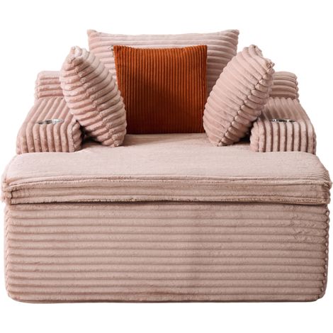 Canapé convertible sans structure avec méridienne en velours côtelé rose, 3 coussins et couverture intégrée (1/5)