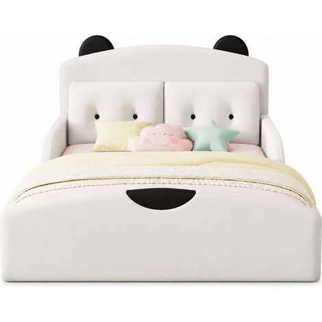 Lit plateforme 140x200 avec tête de lit ours rembourrée, 2 coussins déco inclus, revêtement tissu blanc, chambre enfant et ado, style doux et stable  CHICFURN (1/5)