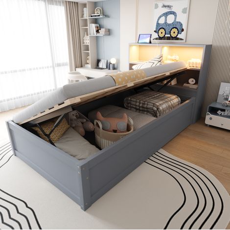 Letto a cassone bambini 90x200 cm con porte USB e fascia luminosa LED, in legno, senza materasso, grigio (1/5)
