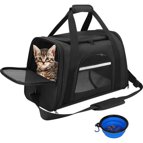 Borsa trasportino per cani e gatti, trasportino per gatti traspirante e pieghevole con tappetino in peluche rimovibile e ciotola per il viaggio