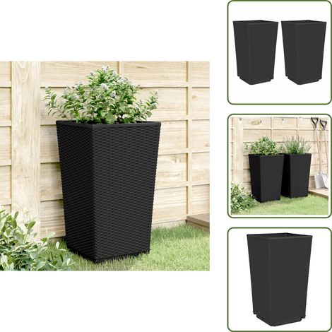 The Living Store Pflanzkübel 2 Stk. Schwarz 32,5x32,5x57 cm PP - Blumentopf - Pflanzkübel - Balkonpflanze - Gartendeko - Rattanoberflächen (1/5)