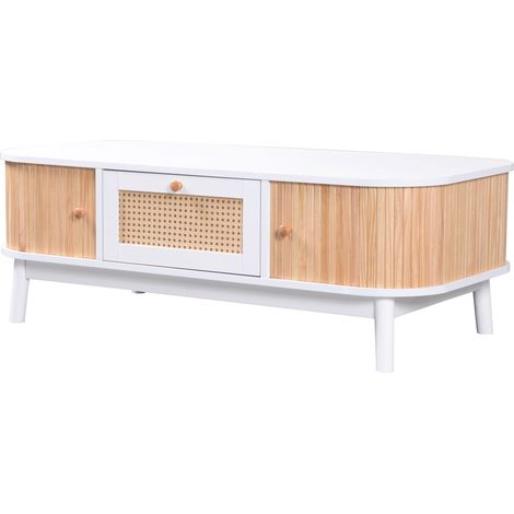 GagaTable basse Rattan, tiroirs et portes coulissantes, pieds bois massif, blanc (1/5)