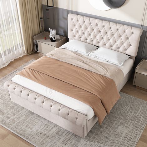Luxurious 5ft Velvet Button-Tufted Sleigh Bed with Storage&Slatted Frame in Beige
