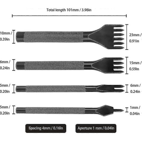 Kit de perforatrice 4 mm, outils de couture DIY, perforatrice en acier, outil de laçage, ciseau à coudre, jeu de 4 pièces avec 1/2/4/6 dents