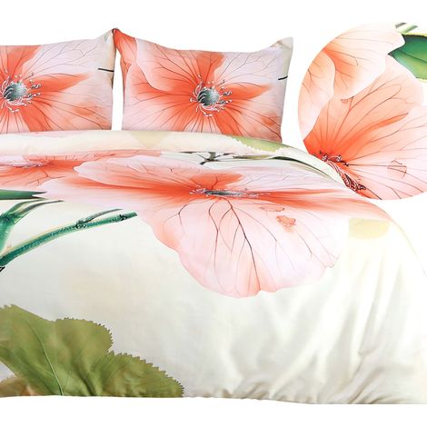 Bettwäsche-Set 180x200 cm, Satin-Baumwolle, Digitaldruck mit großem Blumenmuster, cremefarbener Hintergrund (1/5)