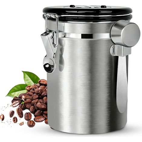 1 Boîte à Café Hermétique, Acier Inoxydable, Valve CO2, 1,8 L, Cuillère Incluse, pour Grains et (1/5)