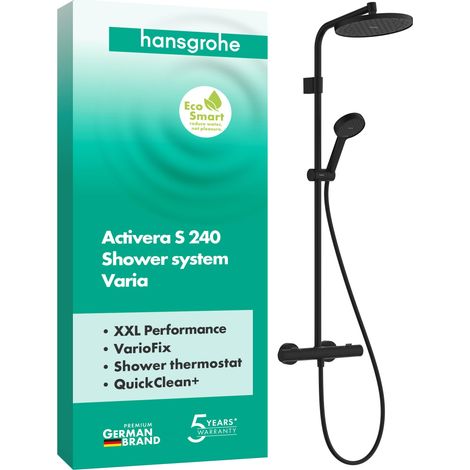 Colonne de douche max. 8 l/min avec mitigeur thermostatique, douche pluie, douchette (2 jets), support, tuyau, barre et douche de tête, Noir mat, 28078670 (1/5)