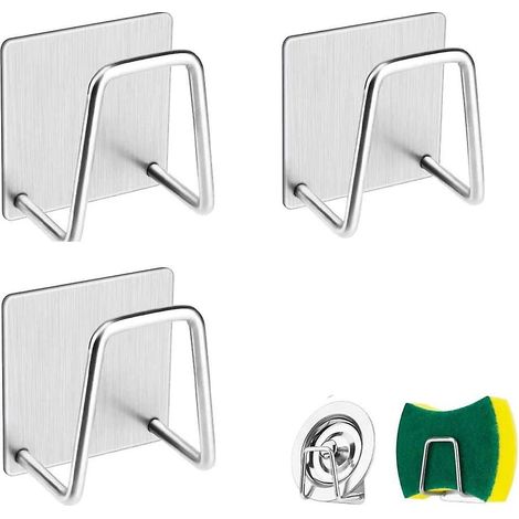 Lot de 3 porte-éponges pour évier de cuisine, porte-éponges adhésif, porte-éponges à séchage rapide, porte-éponges en acier inoxydable imperméable. (1/4)