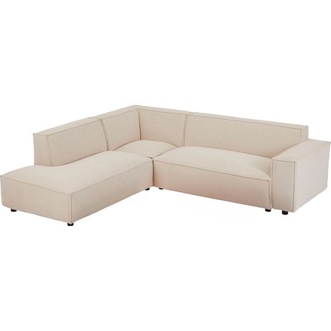 Vente-Unique – Canapé d'angle gauche 6 places en velours côtelé beige – Longueur 256 cm – Confort équilibré – Structure en bois (1/5)