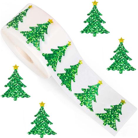 Lot de 5 rouleaux d'autocollants pour sapin de Noël, motif sapin vert laser, imperméables, adaptés aux enveloppes, agendas, décorations de fête (1/4)