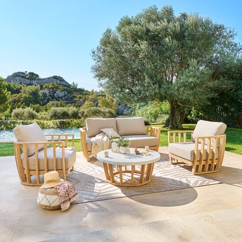 Hesperide – Salon de jardin 5 places en eucalyptus FSC et polyester déperlant – Confort optimal avec coussins épais – Facilité d'entretien