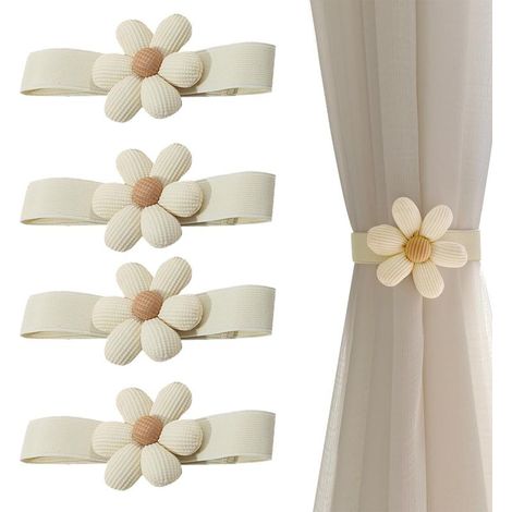 4 Pièces Embrasse pour Rideaux, Créatif Fleur Attache Rideau Corde Élastique, Embrasse Rideau avec Fleur, Mignon Embrasses à Rideaux, Attache Rideaux pour La Maison, Le Bureau Décoration,Beige
