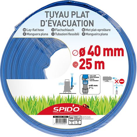 Spido – Tuyau plat d'évacuation 25 m Ø 40 mm – PVC résistant – Pression max 4 bars – Pour drainage eaux usées
