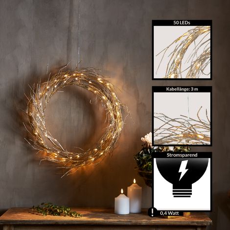 EGLO LED Lichterkranz, Fensterlicht Weihnachten aus Metall in Gold, Wanddeko Weihnachtskranz mit Kabel, beleuchtete Fensterdeko Weihnachten, warmweiß, Ø 45 cm