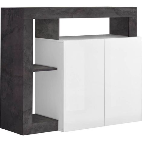 ARTURO - Buffet 2 Portes Blanc Laqué Encadrement Niches Aspect Gris Oxyde (1/4)
