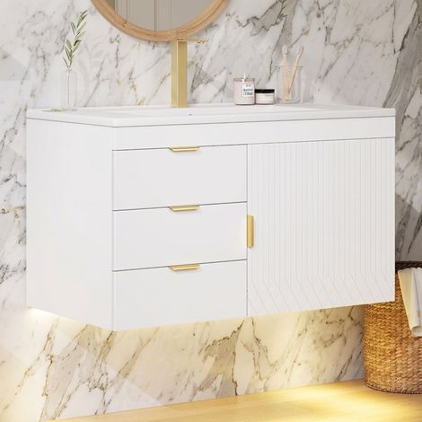 Meuble sous vasque mural 76x46x51 cm avec vasque, LED via application, fermeture amortie, sans robinet, MDF, Blanc (1/5)