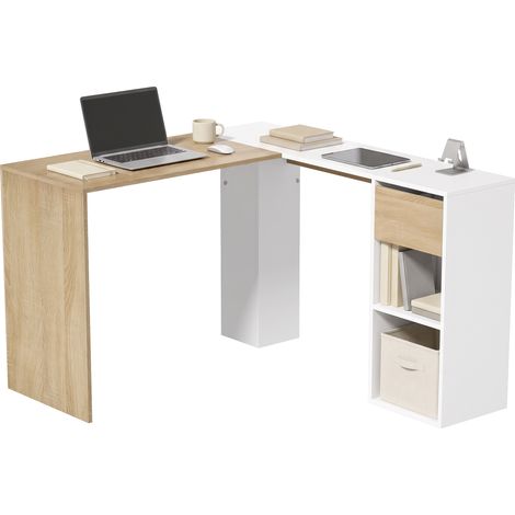 HOMCOM escritorio esquinero con cajón y 2 estantes, 120x110 cm, escritorio en l, mesa de ordenador para oficina en casa, estudio, blanco y natural (1/5)