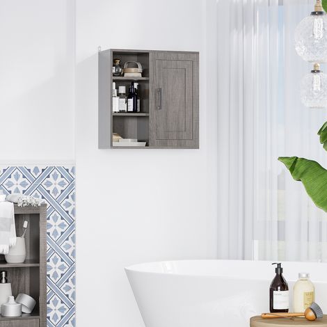 Armoire de salle de bain murale grise 48x20x50cm, 3 étagères ouvertes + placard, en panneau de particules (1/5)