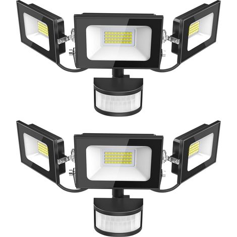 Projecteur LED Détecteur de Movement - 100W 10000LM Ultra Lumineux 3 Tête Spot LED Extérieur, IP65 Etanche Éclairage de Sécurité Extérieur PIR pour Cour Porche Jardin Garage, 2 Pack