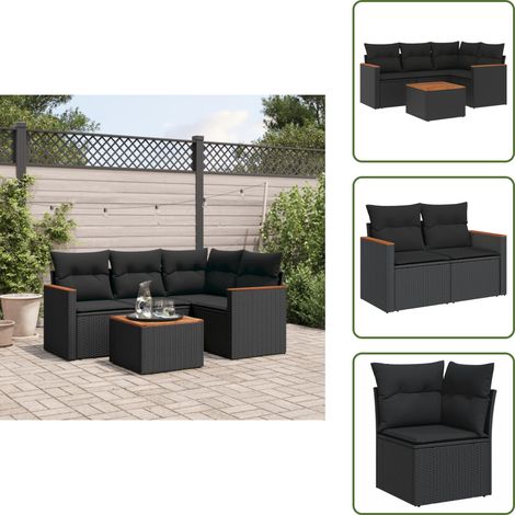 Salon de jardin 5 pcs avec coussins noir résine tressée - Ensemble Salon De Jardin - Mobilier Extérieur - Canapé Jardin - Table Jardin - Chaise Lounge (1/5)