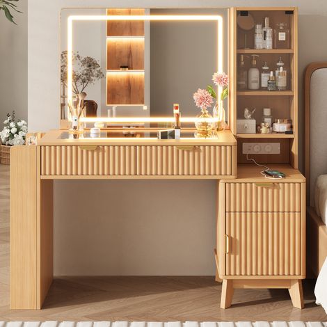 Tocador con espejo LED, 133x40x136 cm, 3 cajones, 1 puerta, tomas USB y USB-C, en MDF y tableros de partículas, natural (1/5)