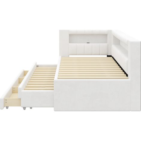 Lit de jour capitonné 90x200 blanc avec USB, LED, lit gigogne et 3 tiroirs (1/5)