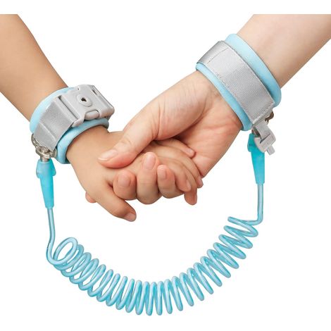 Bracelet anti-disparition enfant bleu avec cadenas, câble spiralé flexible de 1,5 mètres, dragonne réglable pour des sorties en toute sécurité avec les tout-petits et les jeunes enfants (1/5)