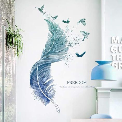 Stickers muraux PLUME en bleu (124×72 cm) I décoratifs sticker mural Oiseaux Poster moderne I Déco pour salon chambre cuisine couloir meubles bains carrelage adulte ado enfant (1/5)